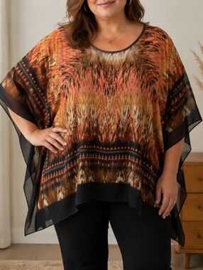 TanJay Sheer Poncho Top Boho Festival Tribal Print Flowy Chiffon Cape Blouse